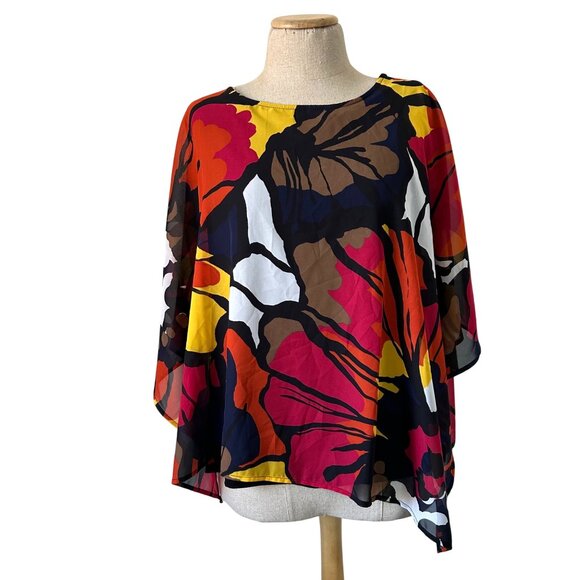 NWT Chicos Womens M Floral Print Sheer Poncho Top Multicolor Polyester Blend - Picture 1 of 7
